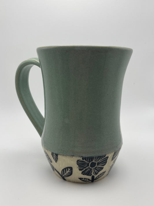 Sage Mug with Black Flower Sgraffito