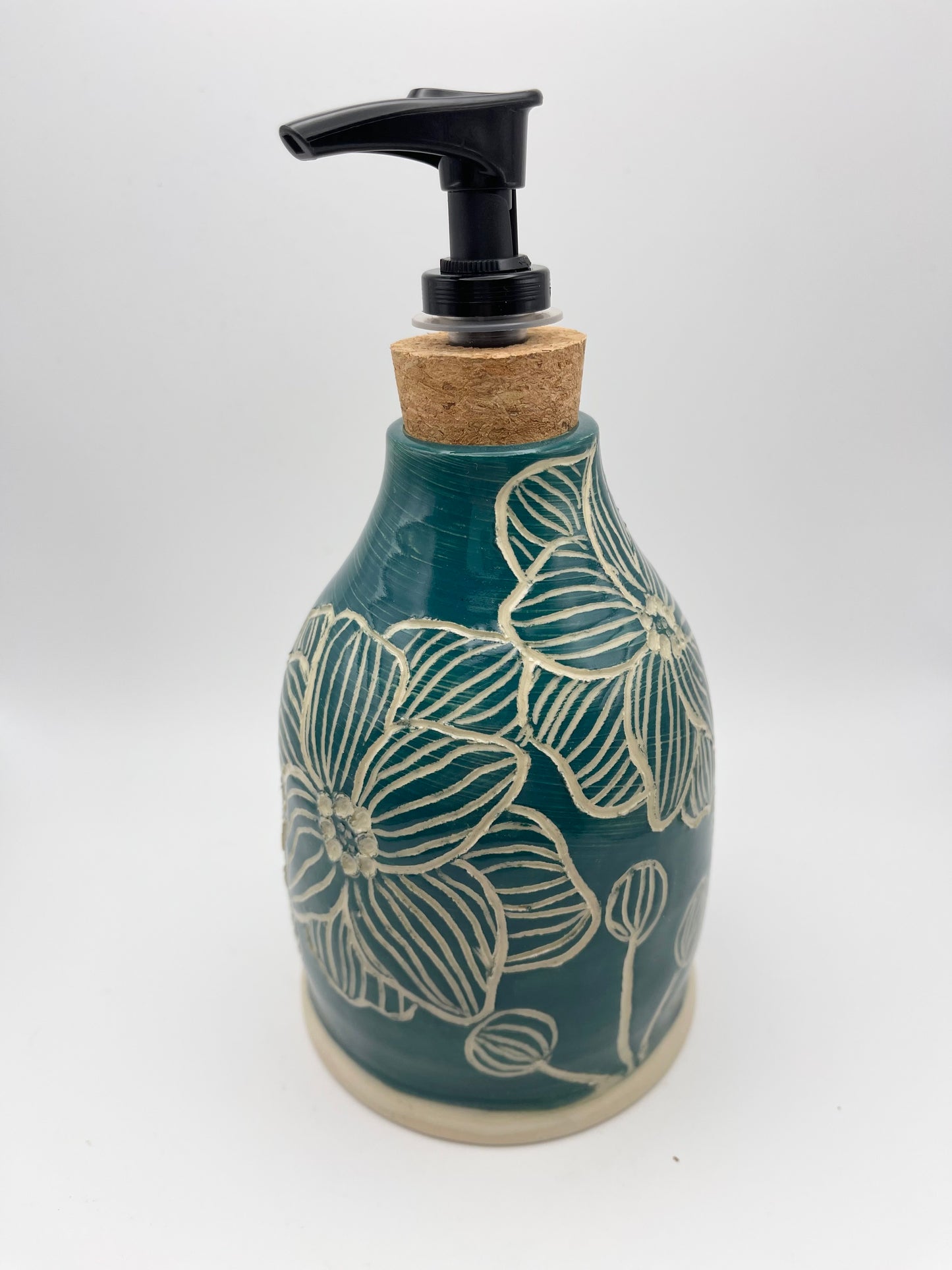 Blue Flower Sgraffito Soap Bottle