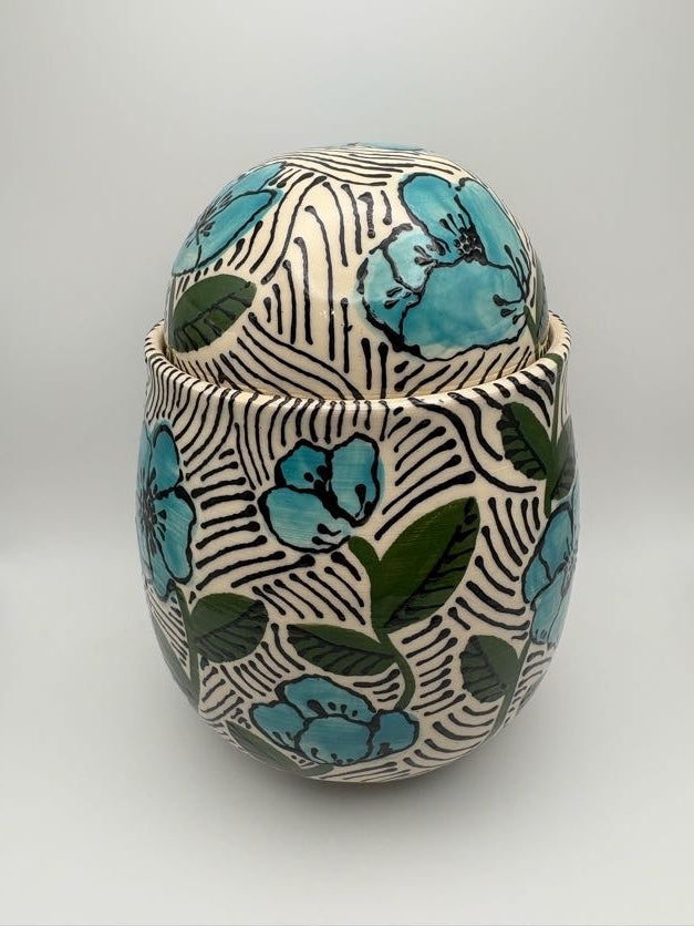 Blue Flowers Handpainted Jar