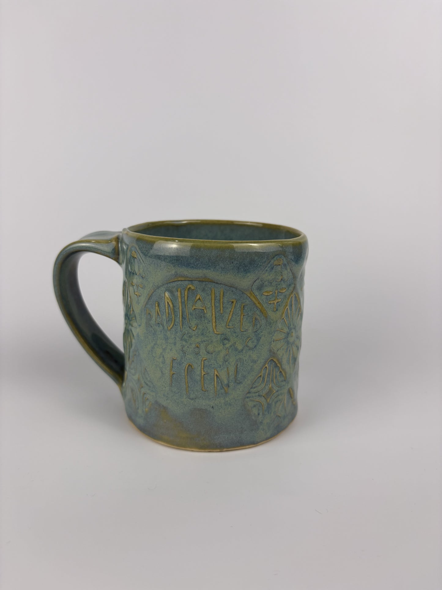 Turqoise "Radicalized by Basic Decency" Stamped Mug - Seconds