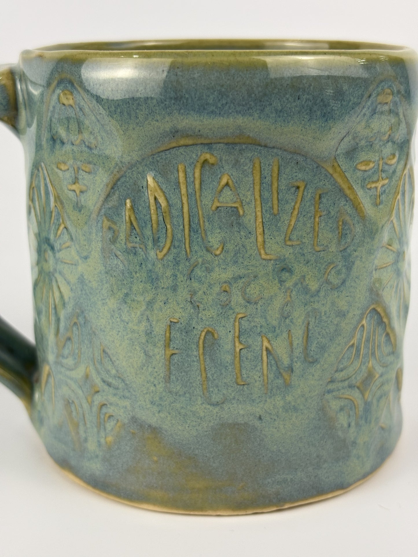 Turqoise "Radicalized by Basic Decency" Stamped Mug - Seconds