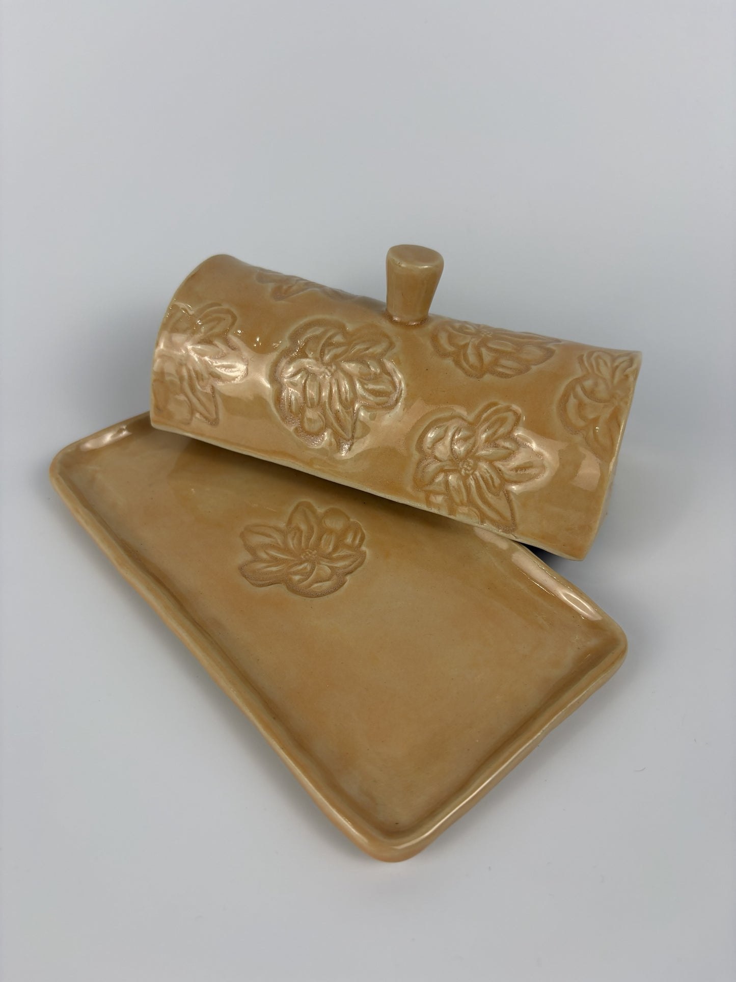 Peach Magnolia Stamped Butter Dish