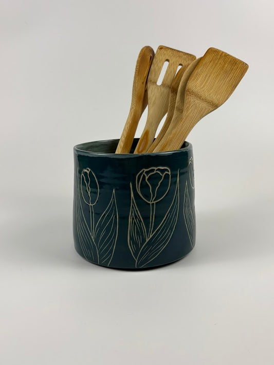 Carved Tulips Utensil Holder